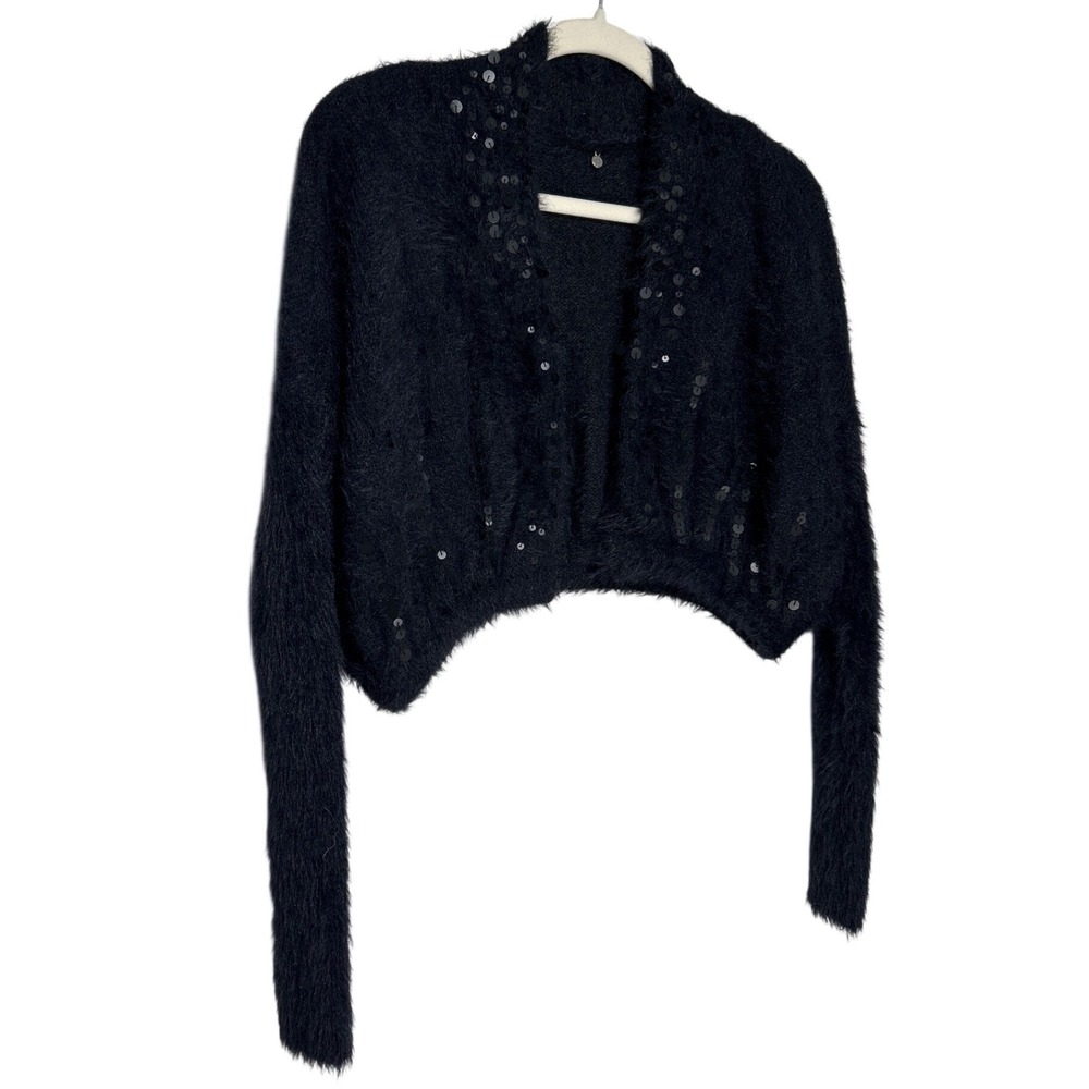 Anthropologie Knitted & Knotted Soirée Black Fuzzy Sequin Cropped Cardigan Small